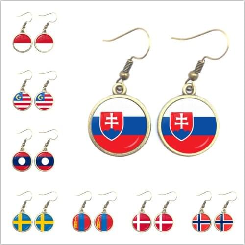 Malaysia, Laos, Denmark, Norway, Sweden, Slovakia National Flag 16mm Glass Cabochon Drop Earring Jewelry for Women Girls Gift