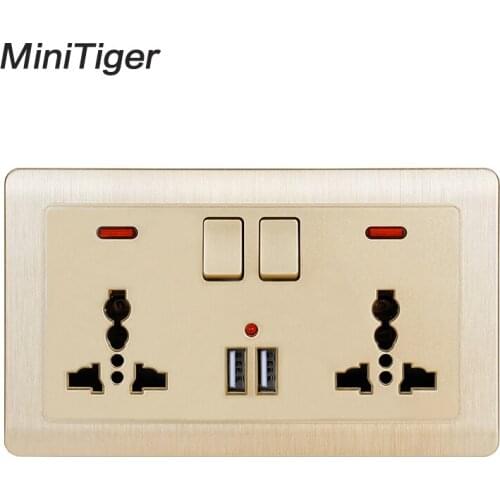 Minitiger Gold Wall Power Socket 2 Gang Universal 3 Hole Switched Outlet With Neon 2.1A Dual USB Charger Port LED indicator 146