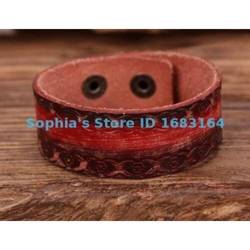 G84 Red Retro Texture Embossed Top Grain Cow Leather Wristband Bracelet Cuff Mens