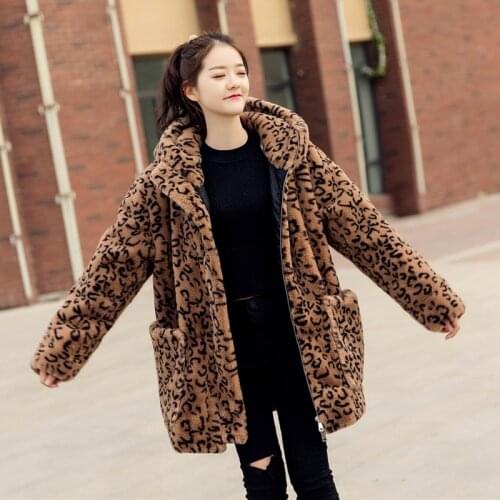 New female 2020 autumn winter imitation Rex rabbit fur coat mid-length plus cotton slim fashion leopard warm faux fur jacket top