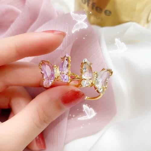 New Butterfly Ring Purple Transparent Glass Fashion Sweet Romantic Cubic Zirconia Butterfly Female Jewelry Girl Wedding Gift