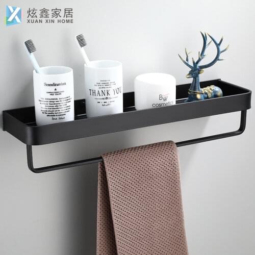 Bathroom Shelf Wall Mounted Towel Rack Space Aluminum Black Iiving Room Towel Hanger Storage Holder With Hook Home Accessories