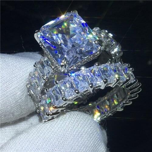 Full Princess cut Promise ring Sets Silver color AAAAA Cz Engagement wedding band rings for women men Finger jewelry Gift