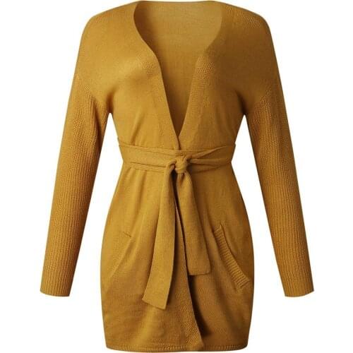 Casual Women Autumn Solid Color Open Front Sweater Cardigan Pockets Belt Coat