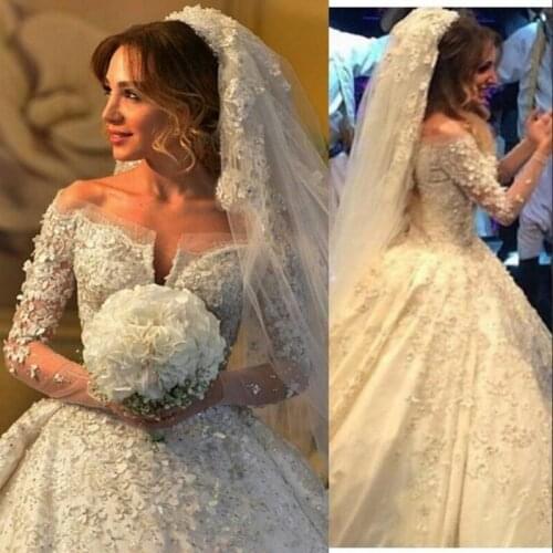 Luxury Wedding Dresses Off Shoulder V Neck Full Lace Applique Beaded Sheer Long Sleeve Bridal Gowns A Line