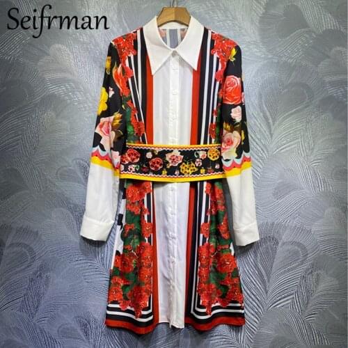 Seifrmann Spring Women Fashion Runway Party Midi Dress Long Sleeve Crystal Sashes Rose Printed Blouses Style Loose A-Line Dress