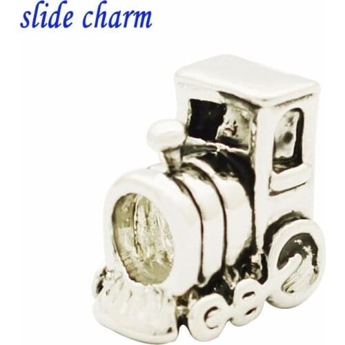 Slide charm Free shipping black and white steam engine locomotive antique charm beads fit Pandora bracelet