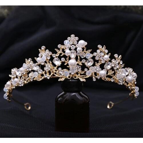 Floralbride Alloy Rhinestone Crystal Pearls Wedding Tiara Crown Bridal Hair Accessories Bridesmaids Princess Women Jewelry