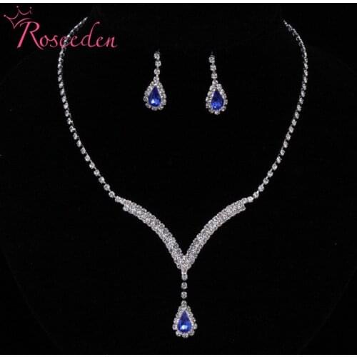 Wedding jewelry royal blue clear rhinestone silver Color necklace set teardrop necklace earring jewelry sets for women RE849