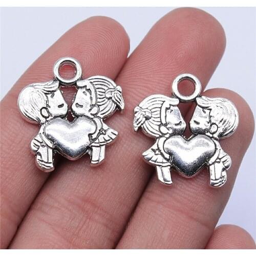 WYSIWYG 4pcs 23x21mm Antique Silver Color Heart Couple Charms Pendant For Jewelry Making DIY Jewelry Findings