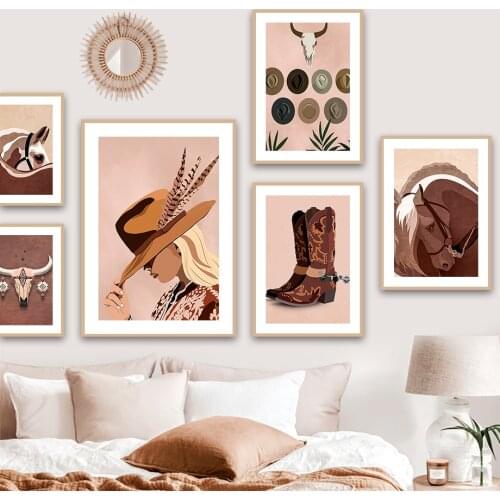 Western Cowboy Girl Horse Feather Wall Art Canvas Painting Nordic Posters And Prints Wall Pictures For Living Room Boho Decor