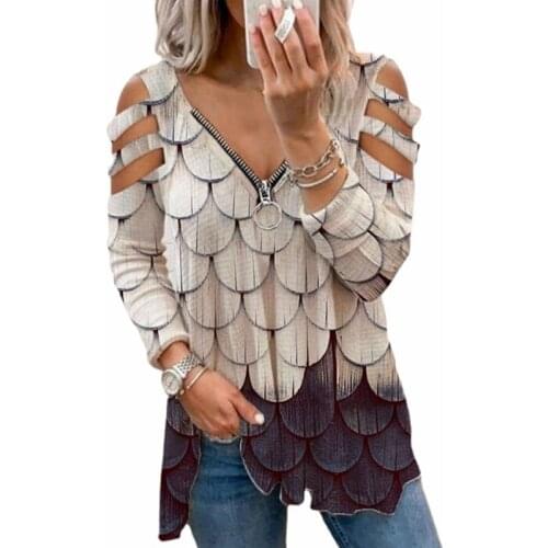 Women Strapless V Neck Print Sexy Deep Low Cut Tops Blouse Shirt Out Zipper Long Sleeve Casual Pullover Summer Plus Size Blusa