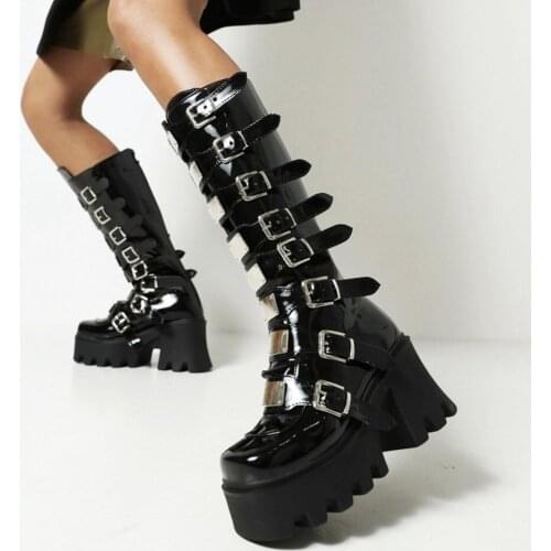 Womens Platform Knee Thigh Boots Belt Buckle Square Toe Long Shoes Chunky Heel Punk Motorcycle Metal Sheet Plus Size