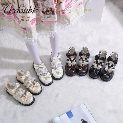 U-DOUBLE Brand 2020 New Mary Jane Shoes Women Vintage Soft High Heel Platform Lolita Shoes Bow Lace Girl Round Head Casua Shoes