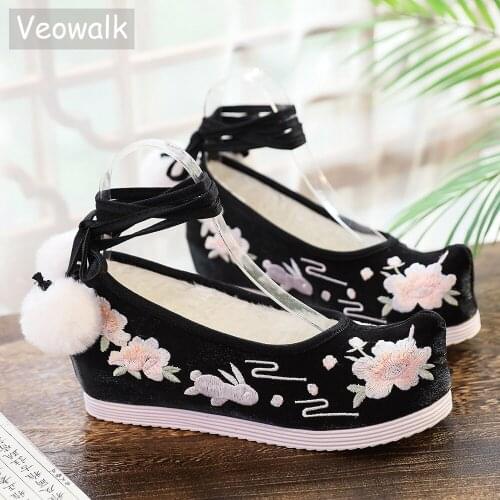 Veowalk Winter Women Warm Furry Plush Lining Satin Cotton Platform Shoes Ankle Strap Low Top Ladies Casual Embroidered Sneakers