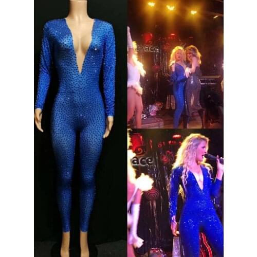 Sexy Blue full diamond leotord dance costumes nightclub dress dance Cosplay DJ bar jumpsuits