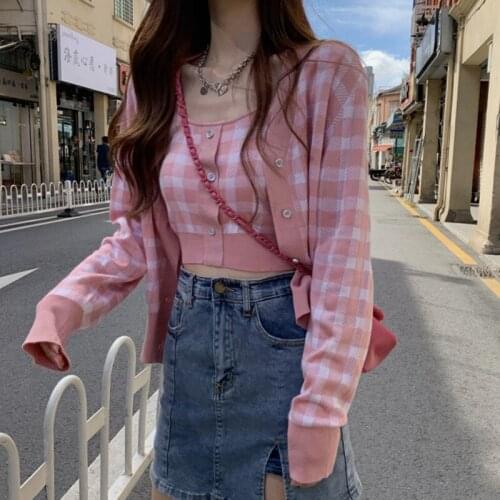 Spring Autumn Korean Fashion Plaid Two Piece Set Women Loose Long Sleeve Cardigan Sweater Tops + Sexy Camisole Sweet 2 Piece Set