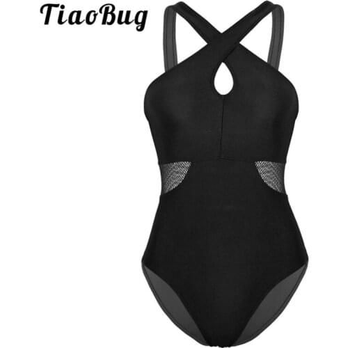 TiaoBug Adult Sleeveless Fishnet Splice High Cut Sexy Bodysuit Dancewear Women Ballet Gymnastics Leotard Stretchy Dance Costumes