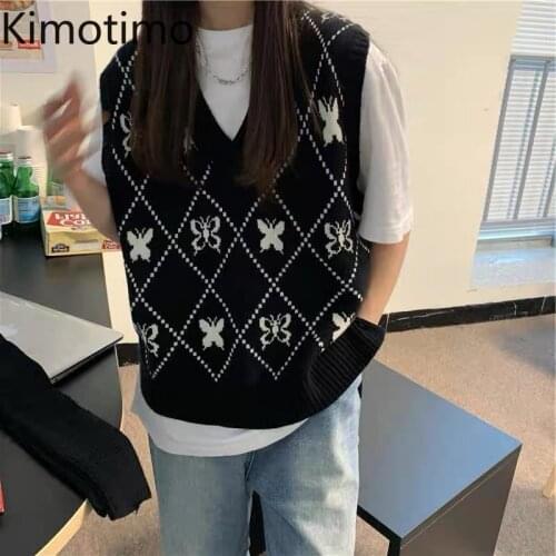 Kimotimo Butterfly Jacquard Vest Women 2021 Autumn Retro V-neck Design Female Tank Top Korean Designer Outwear Knit Waistcoat