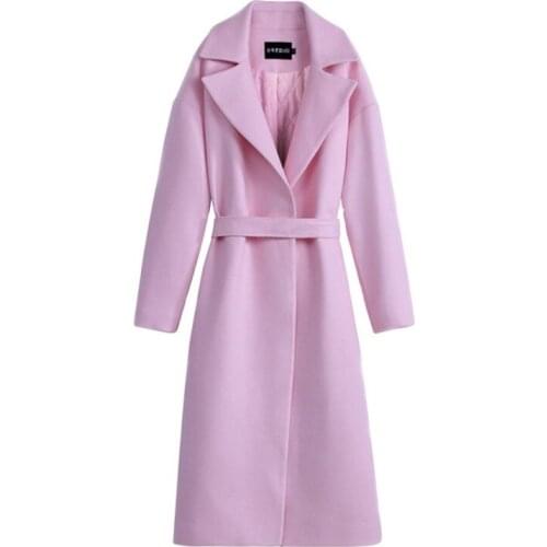 Woolen Coat Manteau Femme Hiver New Vintage Clothing Korean Vogue Casaco Rosa Long Elegante Roupa De Frio Feminina Belt Pop