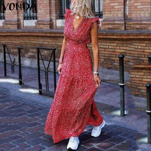 VONDA Bohemian Summer Dress 2021 Sexy V Neck Sleeveless Vintage Floral Printed Long Maxi Dresses Plus Size Beach Holiday Vestido