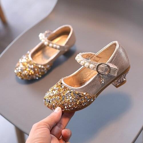 2-13 Years Children Fashion Beaded Crystal Teenage Girls Silver Shoes With Heels Costume Princess Dance Party Wedding Kids Shoes