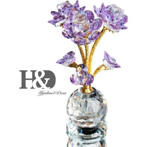 H&D Crystal Purple Rose Bouquet Flowers Figurine Birthday Valentines Day Gift For Women Collectible Cut Paperweight