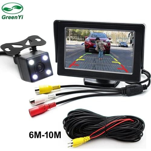 GreenYi 2in1 TFT LCD 2 Video Input 4.3 Inch Car Parking Monitor With Rear View Camera Glass Lens + 6M 10M RCA Video Cable