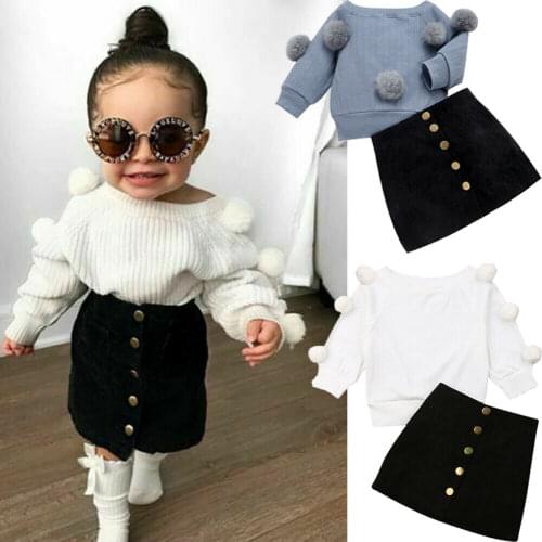 1-6Y Baby Girls Clothes Set Girl Long Sleeve Hairball Knit Tops Kids Sweater+Button Mini Skirt Toddler Outfits Sets Warm Autumn