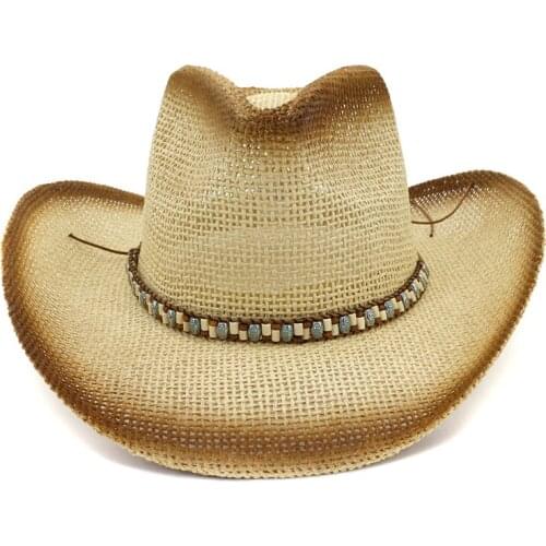 Brown Spray Paint Wide Brim Paper Straw Cowboy Hats Women Unisex Summer Panama Style Jazz Sun Visor Cap Travel Beach Hat Topee