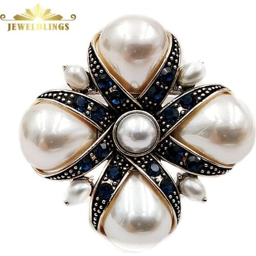Royal Vintage Blue Crystal Ribbon & Imitated Pear Shaped Pearl Cross Brooches Pins Classic Religious Jewelry for Women Outfit