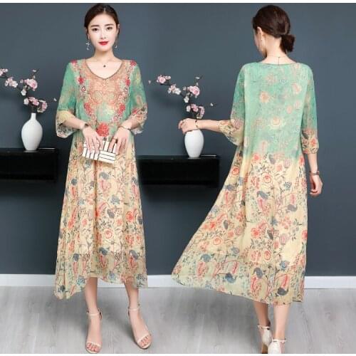 Summer Dress Loose Imitate Real Silk Dresses Hand Nailed Beads Women Print A-Line Dress 2019 New Lady Party Casual Costumes