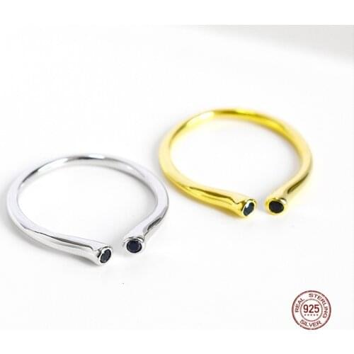 LKO 925 Sterling Silver Black Zircon Finger Ring Geometry Simple Female Trendy Adjustable Rings for Women Accessories