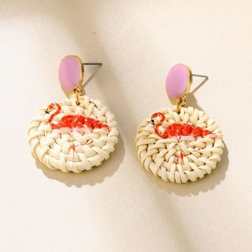 Lost Lady Womens Jewelry Handmade Rattan Knit Earrings Flamingo Pattern Statement Earrings Party Dance Gift Wholesale Bijoux