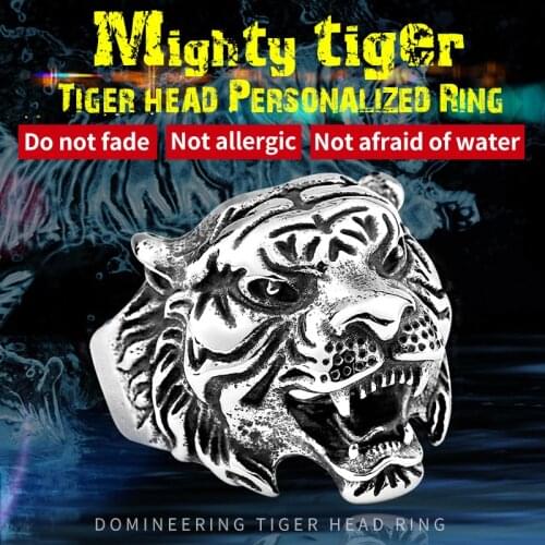 BEIER Stainless Steel Titanium Tiger Head Ring Men Personality Unique Mens Animal Amulet Jewelry good detail BR8-307 US size