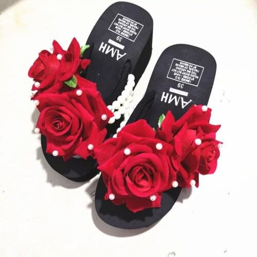 New summer hot sweet seaside sandals fashion soft slippers Waterproof platform handmade flowers high heels slipper beach sandals