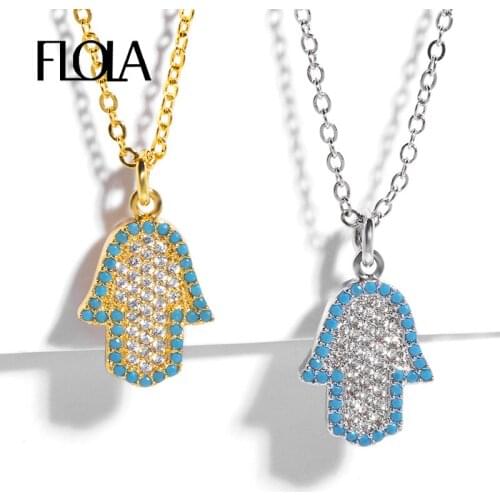 FLOLA Gold Filled Hamsa Pendant Necklace for Woman CZ Paved Fatima Hand Necklace Link Chain Charms Turkish Hamsa Jewelry nkep36