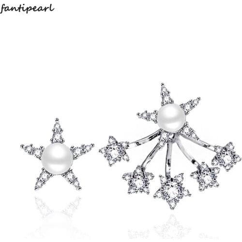 925 sterling silver five-pointed star earrings natural pearl Korean asymmetrical personality fashion earrings exquisite gifts