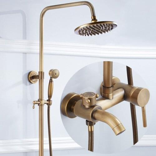 Bathroom Retro antique copper Brass Bathtub Shower Set Wall Mounted 8" Rainfall Shower Mixer Tap Faucet 3-functions Mixer Valve