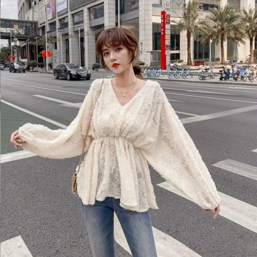 2020 Autumn New Women Fashion Blouse V-neck Batwing Sleeve Ruffled Plus Size Tops Tassels Flower Elegant Female Shirt Chemise