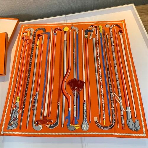 90cm Women Mace Print Brand Hijab Scarf Women Bandana Handmade Curled Twill Silk Square Scarf Luxury Foulard Head Scarves Shawl