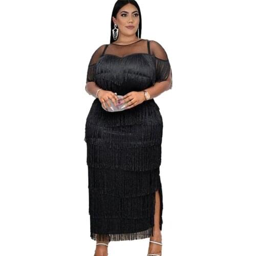 S-2xl Party Dresses for Women Summer Wholesale Tassel Short Sleeve Mesh Patchwork Elegant Maxi Dress High Quality Dropshipping
