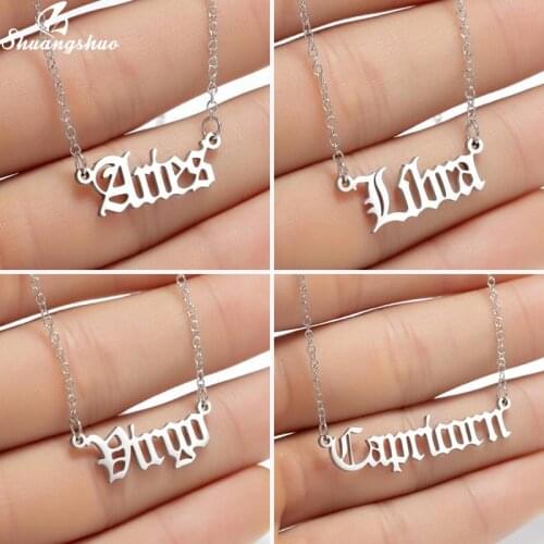 Shuangshuo Antique Style European Necklace Jewelry Women 12 Zodiac Retro Constellation Englsih Letter Initial Necklaces Girls