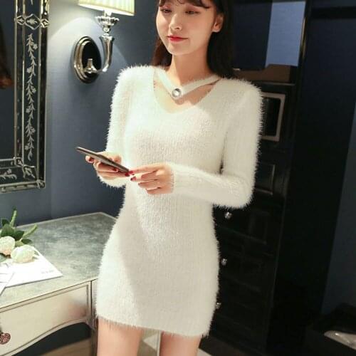 Imitation mink Sexy Package Hip V-neck Dress Mink Furry Sweater Women Autumn Winter Elasticity Knit Bottoming Pullover Dress