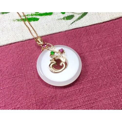 18K gold and Hetian white jade Phoenix safety buckle pendantJ59