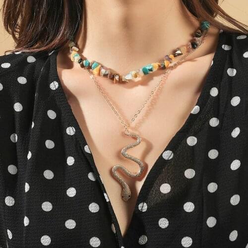 2 Pcs/Set Ladies Trendy Multicolor Natural Stone Necklaces For Women Gold Color Metal Chain Big Snake Pendants Necklace Jewelry