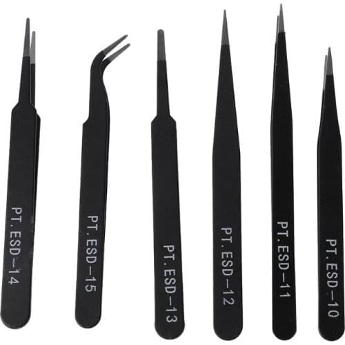 6Pcs Anti-static ESD Stainless Steel Tweezers Maintenance Tools Industrial Precision Curved Straight Tweezers ESD10-15 New 2020
