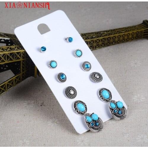 6Pcs/Set Antique Rhinestones Blue Red White Resin Stud Earrings With Bohemia Vintage Flowers Earrings Jewelry for Women