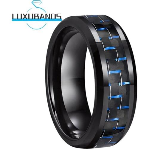 8MM Tungsten Ring For Men Women Beveled Edges Black Blue Carbon Fiber Inlay Polished Finished Comfort Fit