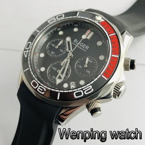 Bliger 41mm silver case sapphire glass black dial date luminous rubber strap chronograph quartz mens top watch